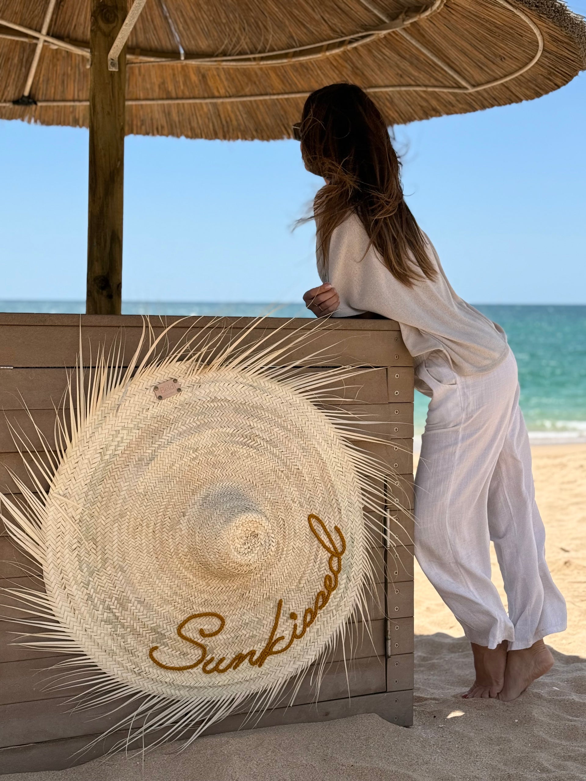 Chapeau en palme à personnaliser - Avec ou sans franges - Chapeau brodé Sunkissed- Personnalisable - Très grand chapeau en paille marocain - Décoration murale à personnaliser