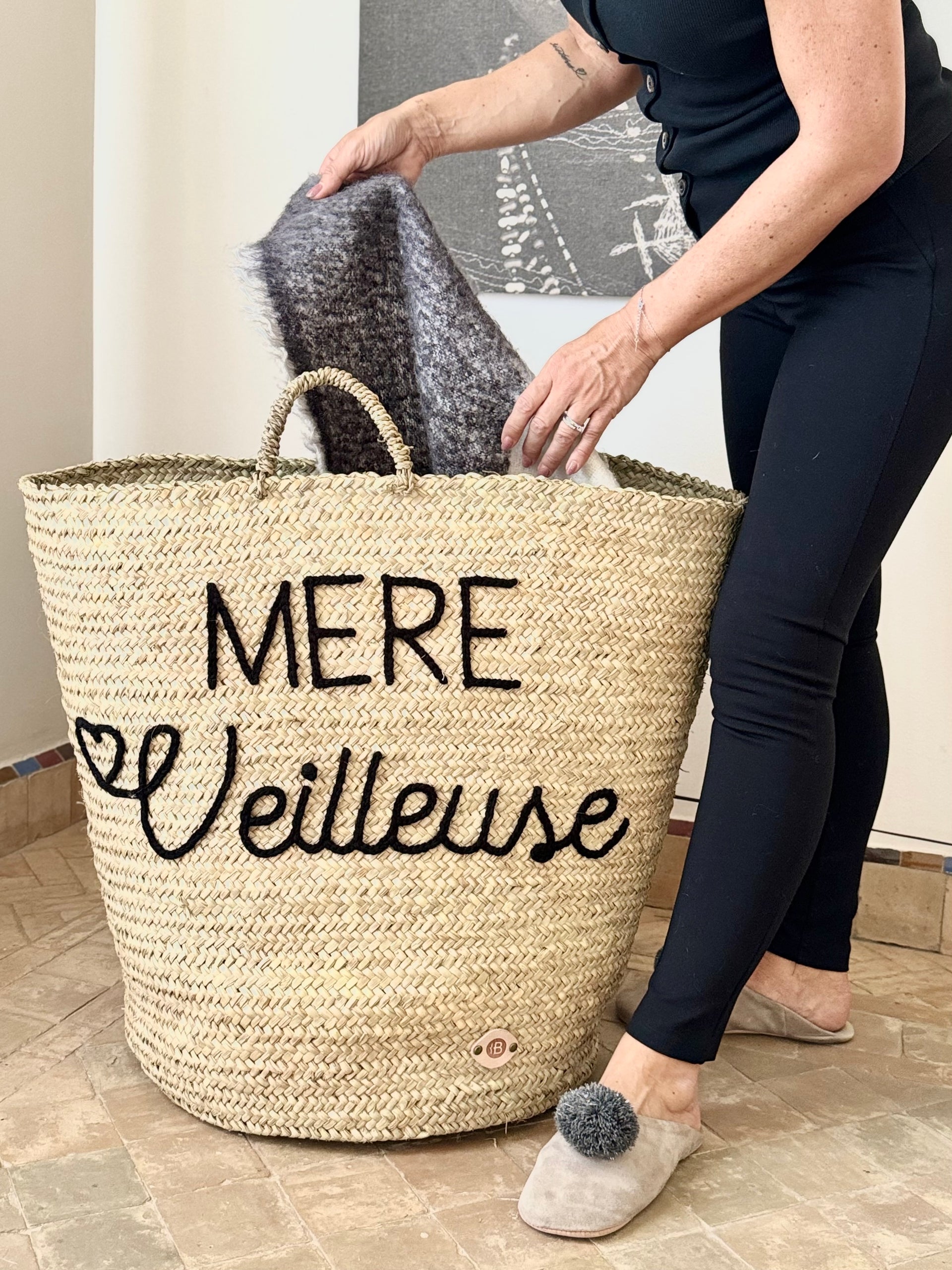 Panière de rangement en paille à personnaliser, Corbeille osier XXL, Panier à linge tressé, cadeau personnalisable Maman, fête des Mères, MERE Veilleuse !