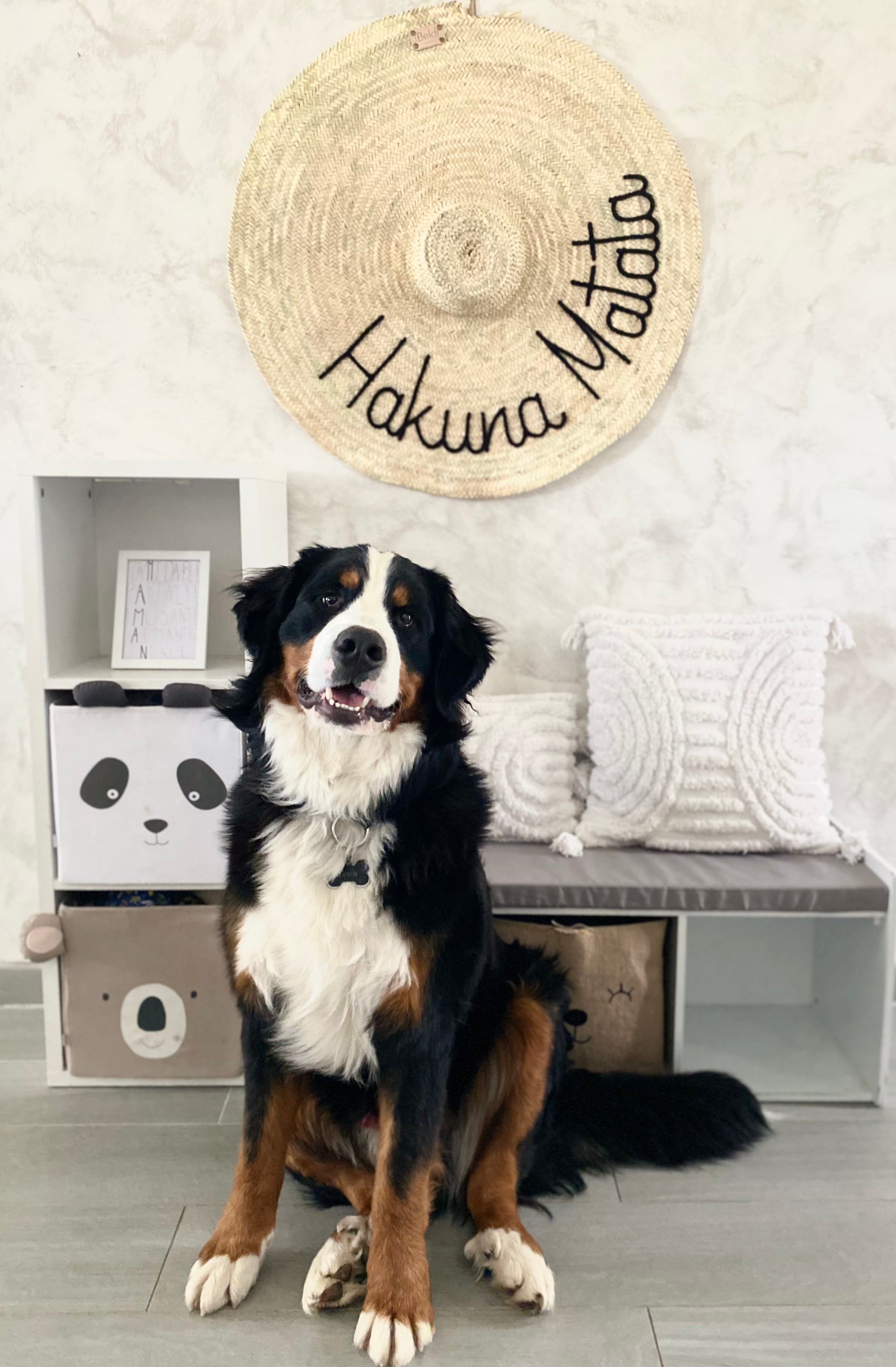 Chapeau en paille brodé taille XL accroché au mur — déco maison de famille